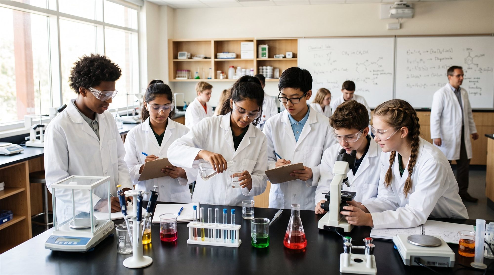 Students in white lab coats and safety glasses working together at a lab bench